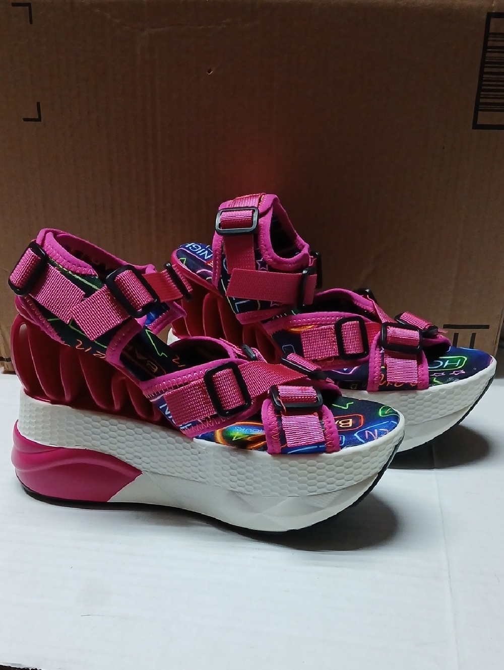 Cape Robbin Play Pink Buckle Strap Platform Sandals w Zig Zag & Neon Sign Detail